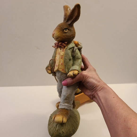 Primitive ChalkWare Tall Bunny Pulling Easter Cart 14" x5" - Picture 5 of 9